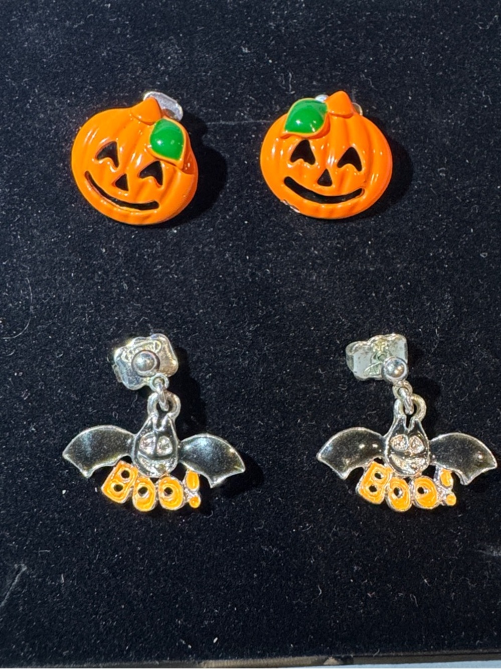 Halloween Pumpkin and Bat Stud Earring Set - Orange/Green